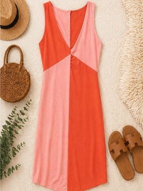 SHEIN Pink and Orange Colorblock V-Neck Mini Dress